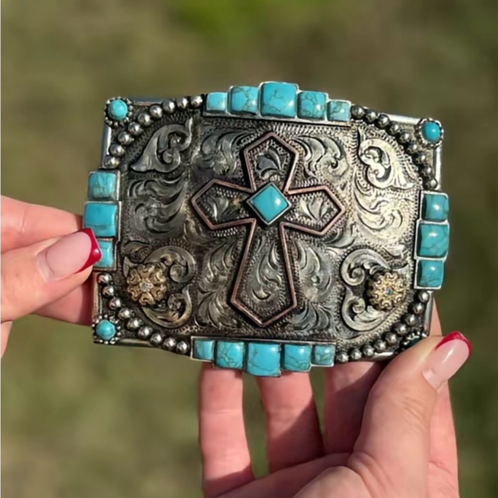Turquoise Stone Cross Western Belt Buckle
